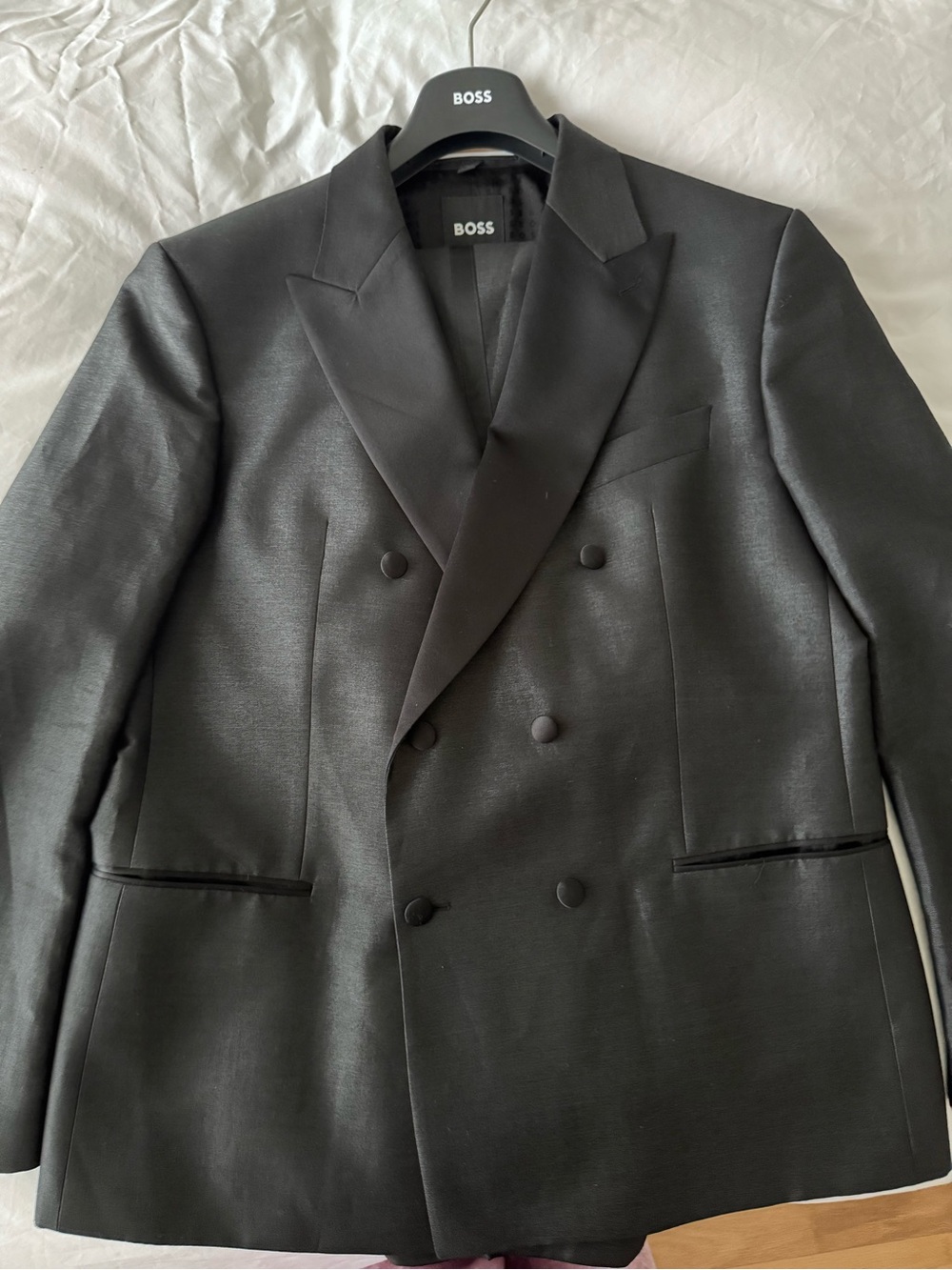 Hugo Boss Double-Breasted Black Tux with Black Sheen. Bow Tie & Tux Shirt Inc